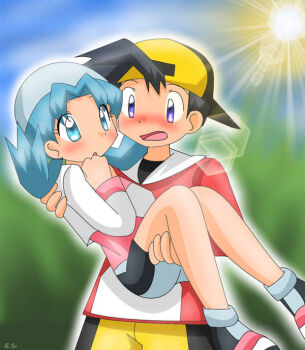 1boy 1girl black_hair blue_eyes blue_hair blush carrying carrying_person endless-rainfall hat jimmy_(pokemon) marina_(pokemon) nintendo open_mouth pokemon pokemon_(anime) princess_carry purple_eyes shoes shorts socks