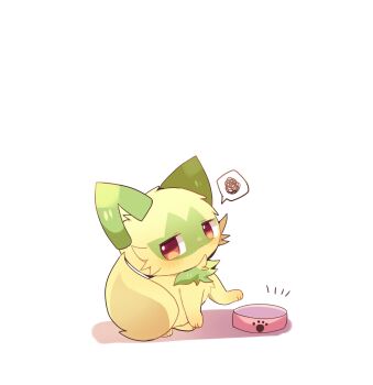 Rule 34 | animal focus, blush, bowl, cat, closed mouth, green fur, highres, looking at viewer, nintendo, no humans, pet bowl, pokemon, pokemon (creature), pokemon focus, red eyes, simple background, speech bubble, sprigatito, white background, yupo 0322