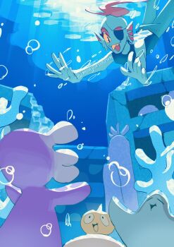 blue_skin bubble colored_sclera colored_skin commentary_request coral eyepatch fins fish_girl furry furry_female head_fins highres monyorun one_eye_covered onionsan open_mouth ponytail red_hair signature twitter_username undertale underwater undyne utdr_(toby_fox) yellow_sclera