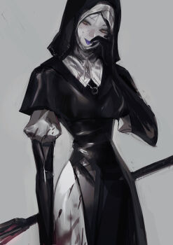 Rule 34 | 1girl, absurdres, black bodice, black capelet, blood, blood on clothes, bloody weapon, capelet, chuhaibane, colored tongue, commentary, elbow gloves, elden ring, elden ring nightreign, english commentary, flanged mace, gloves, grey background, hand on own face, highres, jewelry, mace, necklace, nun, purple tongue, solo, standing, tongue, tongue out, undertaker (elden ring), weapon, white coif, yellow eyes