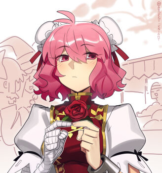 Rule 34 | 1other, 3girls, ahoge, bandaged arm, bandages, blush, boa (brianoa), bow, bun cover, closed mouth, commentary, cuffs, dango, double bun, english commentary, flower, food, hair between eyes, hair bow, hair bun, hair tubes, hakurei reimu, hat, highres, ibaraki kasen, index fingers together, kirisame marisa, looking at viewer, multiple girls, neck flower, pink eyes, pink hair, puffy short sleeves, puffy sleeves, red flower, red rose, red tabard, rose, shackles, shirt, short hair, short sleeves, solo focus, tabard, touhou, twitter username, wagashi, white shirt, witch hat