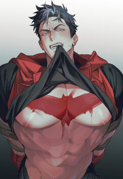 1boy abs absurdres arms_behind_back bara bare_pectorals batman_(series) batman_symbol black_hair black_pants black_shirt blue_eyes blush clothes_in_mouth clothes_lift commentary_request cowboy_shot dc_comics geru_(shigeru13_pm) highres jacket jason_todd lapels male_focus mouth_hold muscular muscular_male nipples notched_lapels pants pectorals red_jacket restrained shirt shirt_in_mouth shirt_lift short_hair short_sleeves solo teeth veins