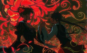 2girls 4030322167 :d aged_down ahoge beatrice_(umineko) black_vest blonde_hair bow bowtie breasts choker cleavage dress floating_hair flower frilled_choker frilled_sleeves frills hair_bun hair_flower hair_ornament highres interlocked_fingers looking_at_another low_twintails mole mole_on_breast multiple_girls no_eyes open_mouth pink_bow puffy_sleeves red_bow red_bowtie red_skirt shirt single_hair_bun skirt smile striped_clothes striped_dress twintails umineko_no_naku_koro_ni upper_body ushiromiya_rosa vertical-striped_clothes vertical-striped_dress vest white_shirt wide-eyed wide_sleeves yellow_trim