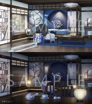 akechi_mitsuki architecture armchair azuma_hatori bed bedroom blanket blue_flower blue_ribbon book branch cabinet candle chair coffee_table copyright_notice cup cushion day east_asian_architecture egasumi flower flower_knot food hanging_light indoors lamp lantern magazine_(object) microphone mirror night no_humans official_art paper_lantern plate pop_filter purple_flower ribbon sample_watermark saucer scenery shouji side_handle_teapot sliding_doors stained_glass stool studio_microphone sunlight table tassel teapot themed_object unifee vanity_table variations vase wagashi watermark white_flower wooden_ceiling wooden_chair wooden_floor wooden_table