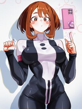 1girl absurdres black_bodysuit blush_stickers bodysuit boku_no_hero_academia breasts brown_eyes brown_hair cellphone commentary_request covered_navel highres large_breasts looking_at_viewer multicolored_bodysuit phone short_hair solo spanish_commentary superhero_costume two-tone_bodysuit uraraka_ochako vlizz white_bodysuit zero_gravity