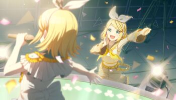 2girls :d aqua_eyes back_bow belt blonde_hair blurry blurry_foreground bow colorful_palette confetti depth_of_field dual_persona game_cg grey_bow grey_sailor_collar grey_shorts hair_ornament hairclip highres holding holding_microphone idol_clothes kagamine_rin kimi_to_sekai_no_hajimari_de_(project_sekai) medium_hair microphone more_more_jump!_rin multiple_girls neckerchief official_art open_mouth project_sekai sailor_collar shirt shorts sleeveless sleeveless_shirt smile third-party_source tongue triangle vocaloid white_bow white_shirt yellow_belt yellow_neckerchief