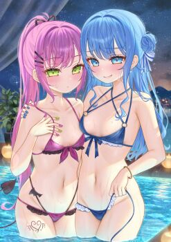 2girls arm_around_shoulder bikini blue_bikini blue_eyes blue_hair breasts cleavage commentary_request criss-cross_halter demon_girl demon_tail double-parted_bangs dusk ebihurai green_eyes grin hair_between_eyes hair_bun hair_ornament hairclip halterneck highres hololive hoshimachi_suisei leg_tattoo long_hair looking_at_viewer multi-strapped_bikini_bottom multi-strapped_bikini_top multiple_girls nail_polish navel open_clothes outdoors pink_hair ponytail pool purple_bikini purple_hair side_up_bun sidelocks single_hair_bun sky small_breasts smile star_(symbol) star_in_eye string_bikini swimsuit symbol_in_eye tail tattoo tokoyami_towa untied_bikini virtual_youtuber wading wet winged_heart winged_heart_tattoo x_hair_ornament
