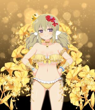 1girl arm_scrunchie bead_bracelet beads bikini blonde_hair blush bow bracelet breasts cleavage collarbone crown flower frilled_bikini frills gold_bikini gold_choker gold_flower gold_ribbon groin hair_bow hair_flower hair_ornament hands_on_own_hips jewelry kafuru_(senran_kagura) lens_flare light_particles lily_(flower) looking_at_viewer low_twintails medium_breasts medium_hair mini_crown official_art plaid_scrunchie purple_eyes purple_flower red_flower scrunchie senran_kagura senran_kagura_estival_versus senran_kagura_new_wave smirk solo sparkle swimsuit teeth twintails underboob whistle whistle_around_neck white_bow yaegashi_nan