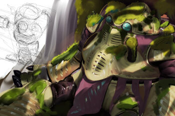 1other armor artificial_eye chrono_trigger dated_commentary gold_armor highres horizontal_pupils joints machinery moss multiple_views no_humans robo_(chrono_trigger) robot robot_joints sitting sketch solo standing winpuss