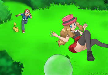 1boy 1girl ash_ketchum bare_shoulders black_thighhighs blonde_hair blue_eyes bouncing breasts bubble clenched_hand collared_shirt emphasis_lines eyelashes fankifalu full_body gen_1_pokemon hands_up hat japanese_text legs long_hair looking_at_another low-tied_long_hair neck nintendo open_mouth outdoors outstretched_arms pikachu pokemon pokemon_(anime) pokemon_xy_(anime) red_hat running scared serena_(pokemon) shirt shoes short_sleeves sidelocks sleeveless sleeveless_shirt small_breasts sneakers sound_effects surprised thighhighs thighs upskirt