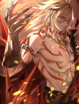 Rule 34 | 1boy, abs, arm tattoo, armlet, black coat, blonde hair, braid, chest tattoo, clawed gauntlets, coat, commentary request, earrings, facial tattoo, gold earrings, gold necklace, gradient hair, highres, honkai: star rail, honkai (series), injury, jewelry, male focus, medium hair, multicolored hair, mydei (honkai: star rail), necklace, open clothes, open coat, red hair, red tattoo, side braid, solo, tattoo, toned, toned male, xbboux 0202, yellow blood, yellow eyes