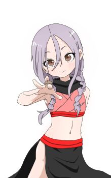 1girl arm_behind_back bare_hips bare_shoulders black_scarf black_skirt blush braid braided_twintails brown_eyes closed_mouth cosplay cowboy_shot cropped_kimono dot_nose eyelashes female_focus hair_between_eyes japanese_clothes kimono kosode kunoichi_tsubaki_no_mune_no_uchi loli long_hair looking_at_viewer low_twintails midriff navel outstretched_arm pelvic_curtain picture_bastard pink_kimono pov purple_hair sazanka_(kunoichi_tsubaki_no_mune_no_uchi) sazanka_(kunoichi_tsubaki_no_mune_no_uchi)_(cosplay) scarf simple_background skirt sleeveless sleeveless_kimono smile solo soredemo_ayumu_wa_yosetekuru standing twintails white_background yaotome_urushi