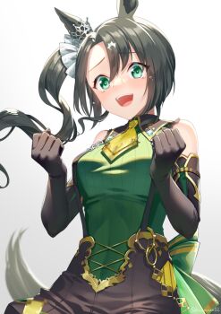 1girl akatsuki_(kuon) animal_ears bare_shoulders black_gloves black_hair black_shorts black_suspenders blush breasts commentary_request crown_ornament crying ear_ornament ear_through_crown elbow_gloves gloves green_eyes green_sweater hair_between_eyes horse_ears horse_girl horse_tail long_hair looking_at_viewer medium_breasts multicolored_hair necktie open_mouth ribbed_sweater satono_crown_(emerald_journey)_(umamusume) satono_crown_(umamusume) shorts side_ponytail simple_background sleeveless sleeveless_sweater smile solo streaked_hair suspender_shorts suspenders sweater tail tearing_up tears teeth umamusume upper_teeth_only white_hair yellow_necktie