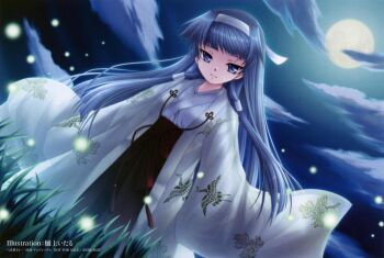 1girl artist_name blue_eyes blue_hair blunt_bangs closed_mouth dutch_angle end_card fireflies headband highres hinoue_itaru japanese_clothes kannagi long_hair moon nagi_(kannagi) night outdoors solo