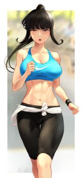 1girl alternate_costume alternate_hairstyle black_hair blue_sports_bra blunt_bangs blurry blurry_background border breasts brown_eyes commentary_request exercising girls_und_panzer highres jogging large_breasts long_hair mature_female navel nishizumi_shiho open_mouth outdoors outside_border pants ponytail running solo sports_bra sweatband toned track_pants wa_(genryusui) white_border