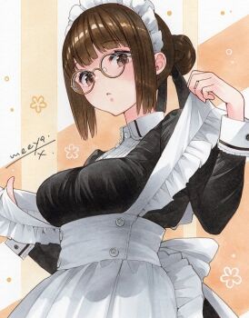 1girl abstract_background apron artist_name black_dress breasts brown_eyes brown_hair collared_dress commentary_request cowboy_shot dress from_below glasses hair_bun hands_up large_breasts long_sleeves looking_at_viewer looking_down maid_apron maid_headdress marker_(medium) meeya original parted_lips round_eyewear sidelocks single_hair_bun solo standing traditional_media white_apron wispy_bangs