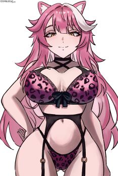 1girl absurdres animal_ears animal_print artist_name black_bow black_choker black_garter_belt bow bow_bra bra breasts choker closed_mouth eyeshadow fingernails frilled_bra frills garter_belt gluteal_fold hair_intakes highres hololive hololive_english large_breasts leopard_print leopard_print_bra leopard_print_panties long_hair looking_at_viewer looking_down makeup multicolored_hair navel panther_ears panther_girl panties pink_bra pink_eyeshadow pink_hair pink_panties print_bra print_panties raora_panthera seductive_smile simple_background smile solo stomach streaked_hair thighs two-tone_hair underwear vicarious virtual_youtuber white_background yellow_eyes