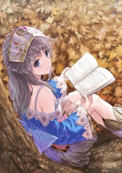 Rule 34 | 1girl, absurdres, arched crown, atelier (series), atelier totori, autumn, autumn leaves, bare shoulders, blue eyes, book, crown, grey hair, highres, holding, holding book, kishida mel, leaf, long hair, looking at viewer, nature, official art, open book, outdoors, sitting, skirt, smile, solo, totooria helmold, tree