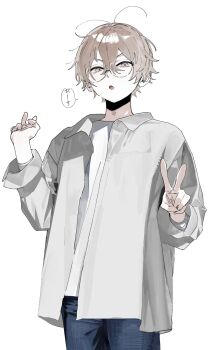 1boy :o blue_pants brown_eyes brown_hair collared_jacket collared_shirt commentary cowboy_shot crossed_bangs denim glasses hair_between_eyes highres jacket jeans long_sleeves looking_at_viewer male_focus ml_rmi open_clothes open_jacket open_mouth original pants shirt short_hair solo speech_bubble symbol-only_commentary v v-shaped_eyebrows white_background white_shirt