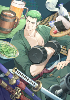 1boy beer_mug closed_mouth commentary cup dumbbell earrings food green_hair green_kimono holding holding_dumbbell japanese_clothes jewelry kimono looking_to_the_side male_focus mug one_eye_closed one_piece onigiri roronoa_zoro sash scar scar_across_eye scar_on_face short_hair sideburns sitting solo stitched_torso stitches sword symbol-only_commentary weapon yoshicha