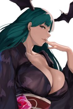 1girl bat_wings black_kimono breasts capcom cleavage collarbone demon_girl green_eyes green_hair head_wings j@ck japanese_clothes kimono large_breasts long_hair long_sleeves looking_at_viewer morrigan_aensland sash smile darkstalkers wide_sleeves wings