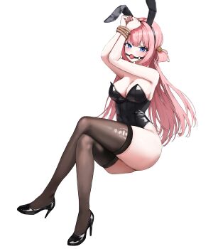 1girl absurdres animal_ear_hairband animal_ears arms_up ball_gag bell black_bow black_bowtie black_leotard black_shoes black_thighhighs blue_eyes bound bound_wrists bow bowtie breasts cleavage commentary commission crossed_legs detached_collar fake_animal_ears gag gagged hair_bell hair_ornament hair_rings hairband high_heels highleg highleg_leotard highres invisible_chair large_breasts leotard long_hair looking_at_viewer original pink_hair pixiv_commission playboy_bunny pumps rabbit_ear_hairband rabbit_ears rope sacou(seojoyu) shoes simple_background single_hair_ring sitting solo strapless strapless_leotard thighhighs torn_clothes torn_thighhighs transparent_background very_long_hair