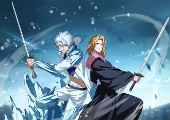 1boy 1girl bleach bleach:_sennen_kessen-hen commentary english_commentary fighting_stance highres hitsugaya_toushirou hitsugaya_toushirou_(adult) hitsuran99 holding holding_sword holding_weapon ice japanese_clothes katana matsumoto_rangiku standing sword weapon
