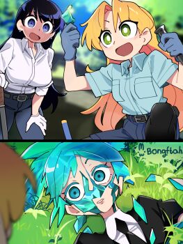 1other 2girls absurdres aqua_hair arato_nagi black_gloves black_hair black_jacket black_necktie black_shirt blonde_hair blue_eyes blue_shirt bongftah broken collared_shirt commentary crossover crystal_hair denim genre_connection glass gloves green_eyes highres houseki_no_kuni jacket jeans long_hair looking_at_viewer multiple_girls necktie open_mouth pants parted_lips phosphophyllite ruri_no_houseki shards shirt tanigawa_ruri teeth watermark white_gloves