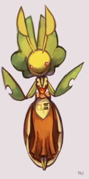 clothed_pokemon colored_skin dress full_body gen_5_pokemon glitchedpuppet grey_background hands_up leavanny long_dress looking_at_viewer nintendo orange_dress pokemon pokemon_(creature) pokemon_bw pokemon_mystery_dungeon red_eyes simple_background smile solo thread yellow_skin