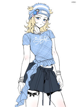 1girl beanie black_skirt blonde_hair blue_eyes blue_hat blue_shirt bracelet breasts closed_mouth clothes_writing commentary_request cowboy_shot cross cross_necklace fishumarket genderswap genderswap_(mtf) hair_through_headwear hat hat_ornament heart heart_o-ring highres jewelry johnny_joestar jojo_no_kimyou_na_bouken looking_at_viewer miniskirt necklace o-ring o-ring_thigh_strap shirt short_hair short_sleeves simple_background skirt small_breasts solo star_(symbol) star_hat_ornament steel_ball_run thigh_strap white_background