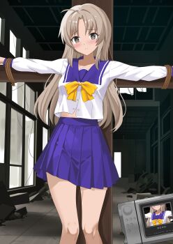 1girl ahoge blonde_hair blush bound bow bowtie breasts camera collarbone commission cross crucifixion futami_shion grey_eyes highres indoors long_hair memories_off midriff_peek open_mouth pixiv_commission pleated_skirt restrained sailor_collar separated_arms shimouki_izui shirt shirt_overhang skirt small_breasts solo standing teeth thigh_gap very_long_hair white_shirt yellow_bow yellow_bowtie