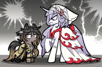 2girls animal_ears animalization applejoople averting_eyes blunt_bangs bow bowtie bridal_veil bright_pupils brown_eyes brown_fur brown_hair brown_tail coat commentary dress ear_bow english_commentary feather_hair_ornament feathers full_body gradient_hair hair_ornament height_difference horse_ears horse_tail jitome layered_dress lightning looking_at_another looking_to_the_side multicolored_hair multiple_girls my_little_pony my_little_pony:_friendship_is_magic nervous nervous_sweating original point_flag_(racehorse) pony_(animal) purple_eyes purple_hair purple_tail recursive_animalization red_bow red_bowtie red_dress scowl size_difference standing_on_three_legs stay_gold_(umamusume) sweat tail torn_clothes torn_coat umamusume unicorn v-shaped_eyebrows veil white_dress white_fur white_pupils yellow_coat