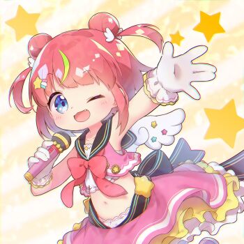 Rule 34 | 1girl, :3, angel wings, badge, black sailor collar, blue eyes, blush, bow, bowtie, button badge, cartoon wings, chromatic aberration, collarbone, commentary request, crop top, cropped vest, double bun, fang, flat chest, green hair, hair bun, hair ornament, highres, holding, holding microphone, hoshimiya gumi, indie virtual youtuber, layered skirt, medium hair, microphone, midriff, multicolored hair, navel, nipeira, one eye closed, open clothes, open hand, open mouth, open vest, outstretched arm, pink hair, pink skirt, pink vest, red bow, red bowtie, sailor collar, sailor shirt, shirt, sidelocks, skirt, sleeveless, sleeveless shirt, smile, solo, star (symbol), star hair ornament, streaked hair, tareme, two-tone hair, two side up, vest, virtual youtuber, white shirt, white wings, wing hair ornament, wings, yellow background
