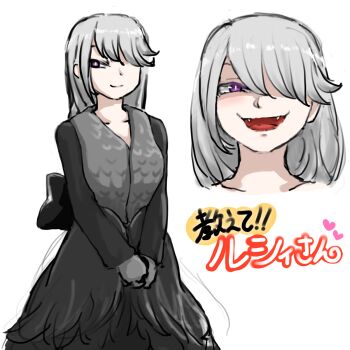 bangs_over_one_eye black_dress dress fang highres iron_maiden_(shrift) japanese_text mon-musu_quest! mon-musu_quest:_paradox purple_eyes sbtro_kirisira shrift translation_request