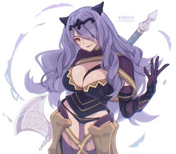 1girl armor axe black_armor black_panties blush breasts camilla_(fire_emblem) cleavage closed_mouth fire_emblem fire_emblem_fates gloves hair_over_one_eye holding holding_axe large_breasts long_hair looking_at_viewer nintendo panties purple_eyes purple_hair smile solo symoca tiara underwear very_long_hair wavy_hair