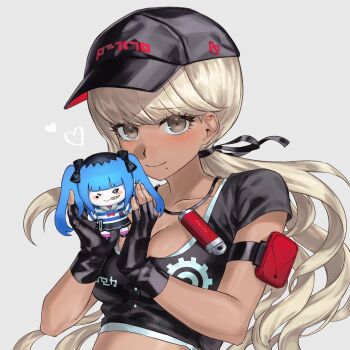 1girl absurdres amemiya_darumi arm_pouch arm_strap black_bow black_gloves black_hair black_ribbon black_shirt black_skirt blonde_hair blue_hair bow breasts brown_eyes character_doll chinese_commentary cleavage commentary_request crop_top dark-skinned_female dark_skin doll eyelashes fingerless_gloves gloves grey_background hair_bow hair_ribbon hat heart highres holding holding_stuffed_toy jewelry kawana_tsubasa long_hair looking_at_viewer medium_breasts mole mole_under_mouth multicolored_hair necklace ponytail ribbon richost safety_pin sailor_collar shirt skirt smile solo striped_clothes striped_shirt stuffed_animal stuffed_toy the_hundred_line_-last_defense_academy- twintails undershirt upper_body white_sailor_collar