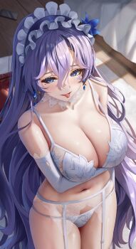 1girl :p absurdres arm_under_breasts bare_shoulders blue_eyes blue_flower blush bra breasts cantarella_(wuthering_waves) collarbone commentary earrings elbow_gloves facial_mark flower garter_belt gloves hair_between_eyes hair_flower hair_ornament headdress highres huge_breasts indoors jewelry long_hair mark_under_eye mole mole_under_eye navel panties purple_hair solo thighs tongue tongue_out underwear underwear_only uromuromu very_long_hair white_bra white_garter_belt white_gloves white_panties wuthering_waves