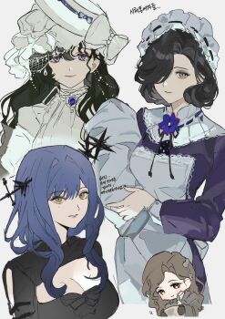 4girls apron arcana_(reverse:1999) black_dress black_hair black_ribbon blanket blue_hair bow breasts brown_eyes brown_hair chibi chibi_inset chibiya1010 cleavage_cutout closed_mouth clothing_cutout coat dress flower grey_coat grin hair_over_one_eye hat hat_bow highres holding holding_blanket holding_jar isolde_(reverse:1999) jar korean_text large_breasts long_hair looking_at_viewer looking_down maid maid_headdress multiple_girls neck_flower neck_ribbon one_eye_covered purple_dress purple_eyes purple_flower reverse:1999 ribbon short_hair smile swaddled tooth_fairy_(reverse:1999) translation_request tuesday_(reverse:1999) upper_body wand_in_head white_apron white_background white_bow white_dress white_hat yellow_eyes