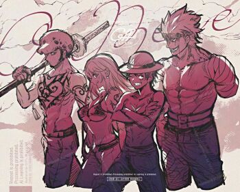 1girl 3boys abs bandaged_arm bandages bare_shoulders bikini bikini_top_only breasts chest_tattoo commentary_request cowboy_shot crossed_arms denim earrings eustass_kid facial_scar goggles goggles_on_head grin hat holding holding_sword holding_weapon jeans jewelry large_breasts long_hair looking_at_another missing_limb monkey_d._luffy multiple_boys nami_(one_piece) navel one_piece pants pearl_earrings pectorals scar scar_on_cheek scar_on_chest scar_on_face short_hair shorts shoulder_tattoo smile stomach straw_hat swimsuit sword tattoo topless_male trafalgar_law twitter_username weapon yum_xoxo_yum