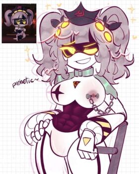 abs black_hat breasts chain hat j_(murder_drones) mechanical_arms murder_drones non-web_source robot short_twintails tsukyiio twintails white_background white_hair yellow_eyes