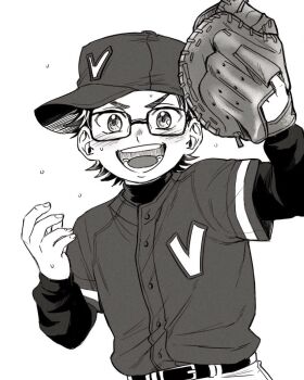 1boy ace_of_diamond aziki_0708 baseball_cap baseball_glove belt blush buttons commentary_request hat layered_sleeves long_sleeves looking_at_viewer male_focus miyuki_kazuya open_mouth pants rectangular_eyewear shirt_tucked_in short_hair short_over_long_sleeves short_sleeves simple_background solo white_background