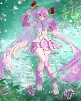 1girl blush breasts cherry_hair_ornament collared_shirt commentary_request day detached_sleeves falling_petals floral_print flower food-themed_hair_ornament full_body hair_between_eyes hair_ornament hatsune_miku high_heels highres long_hair long_sleeves looking_at_viewer lying medium_breasts necktie official_alternate_costume on_back outdoors parted_lips petals pink_eyes pink_hair pink_necktie pink_petals pink_skirt sakura_miku shigemu_room shirt skirt sleeveless sleeveless_shirt twintails very_long_hair vocaloid water wet white_trim wide_sleeves