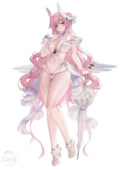 1girl absurdres alternate_costume artist_logo bikini blush breasts cleavage commentary dorothy_(nikke) flower-shaped_hair frilled_bikini frills full_body goddess_of_victory:_nikke hair_bun hair_intakes hand_up high_heels highres holding holding_umbrella large_breasts logo long_hair looking_at_viewer multi-strapped_bikini_bottom multi-strapped_bikini_top navel pink_hair planted planted_umbrella purple_eyes simple_background single_side_bun skindentation smile solo standing stomach subong swimsuit thighs toes umbrella very_long_hair white_background white_bikini