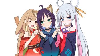 3girls ;d ahoge animal_ear_fluff animal_ears bare_shoulders black_collar black_kimono blue_eyes blush brown_eyes brown_hair cho_kaguya-hime! collar collarbone commentary_request facial_mark floppy_ears forehead_mark fox_shadow_puppet fox_shadow_puppet_kiss green_eyes grey_hair hair_rings head_tilt highres japanese_clothes kaguya_(cho_kaguya-hime!) kimono long_hair multicolored_hair multiple_girls natsuginji obi off_shoulder one_eye_closed open_mouth parted_bangs pink_hair purple_hair purple_kimono rabbit_ears red_kimono runami_yachiyo sakayori_iroha sash simple_background smile two-tone_hair very_long_hair white_background