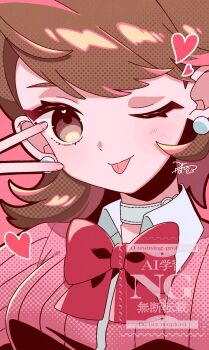 Rule 34 | 1girl, bow, bowtie, breasts, brown eyes, brown hair, cardigan, choker, commentary, earrings, flipped hair, gekkoukan high school uniform, heart, heart choker, heart in eye, highres, jewelry, light blush, looking at viewer, medium breasts, one eye closed, pearl earrings, persona, persona 3, pink background, pink cardigan, popo mocomoco, red bow, red bowtie, ribbed cardigan, school uniform, shirt, short hair, signature, solo, symbol in eye, takeba yukari, tongue, tongue out, upper body, v, white choker, white shirt, wing collar