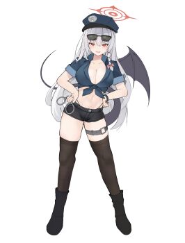 1girl absurdres alternate_costume belt black_boots black_shorts black_thighhighs blue_archive blue_hat blue_shirt boots bow braid breasts cleavage crop_top cuffs demon_wings front-tie_top hair_bow hair_tie halo handcuffs hands_on_own_hips haruna_(blue_archive) hat highleg highleg_panties highres holding holding_handcuffs large_breasts long_hair navel open_mouth panties pink_bow police police_hat police_uniform policewoman red_eyes shirt short_shorts shorts side_braid single_wing skindentation smile solo standing sunglasses sunglasses_on_head tail thigh_belt thigh_strap thighhighs umber00 underwear whale_tail_(clothing) white_background white_hair wings wristband