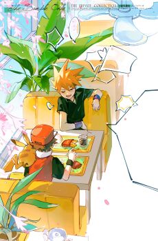 2boys absurdres baseball_cap black_shirt blue_oak bracelet brown_hair closed_eyes fiy1827565 food french_fries from_above gen_1_pokemon hat highres jewelry male_focus mcdonald&#039;s multiple_boys on_shoulder open_mouth orange_hair pikachu plant pokemon pokemon_(creature) pokemon_on_shoulder potted_plant red_(pokemon) red_hat red_vest restaurant shirt short_hair sitting smile speech_bubble spiked_hair t-shirt table teeth vest window