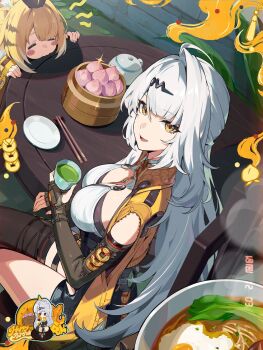 Rule 34 | 2girls, blonde hair, breasts, chopsticks, food, highres, ju fufu, large breasts, looking at viewer, multiple girls, official ad, official art, viewfinder, white hair, yellow eyes, yixuan (zenless zone zero), zenless zone zero
