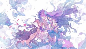 Rule 34 | 1boy, 1girl, air bubble, arm around back, brown hair, bubble, chaoxibumian, couple, fins, fish, fish tail, hair between eyes, hand on another's cheek, hand on another's face, head fins, hetero, highres, long hair, love and deepspace, merman, monster boy, official alternate costume, official alternate hair length, official alternate hairstyle, ornate clothes, protagonist (love and deepspace), purple hair, rafayel (love and deepspace), tail, underwater, upper body, white background