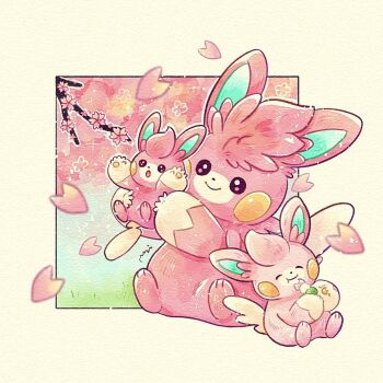 Rule 34 | :o, alternate color, animal focus, black eyes, border, cherry blossoms, commentary request, dango, evolutionary line, falling petals, food, full body, highres, holding, looking at another, looking at object, miketoevecan, nintendo, no humans, open mouth, pawmi, pawmo, pawmot, pawpads, petals, pink fur, pokemon, pokemon (creature), pokemon focus, shiny pokemon, simple background, sitting, smile, wagashi, yellow border, yellow fur